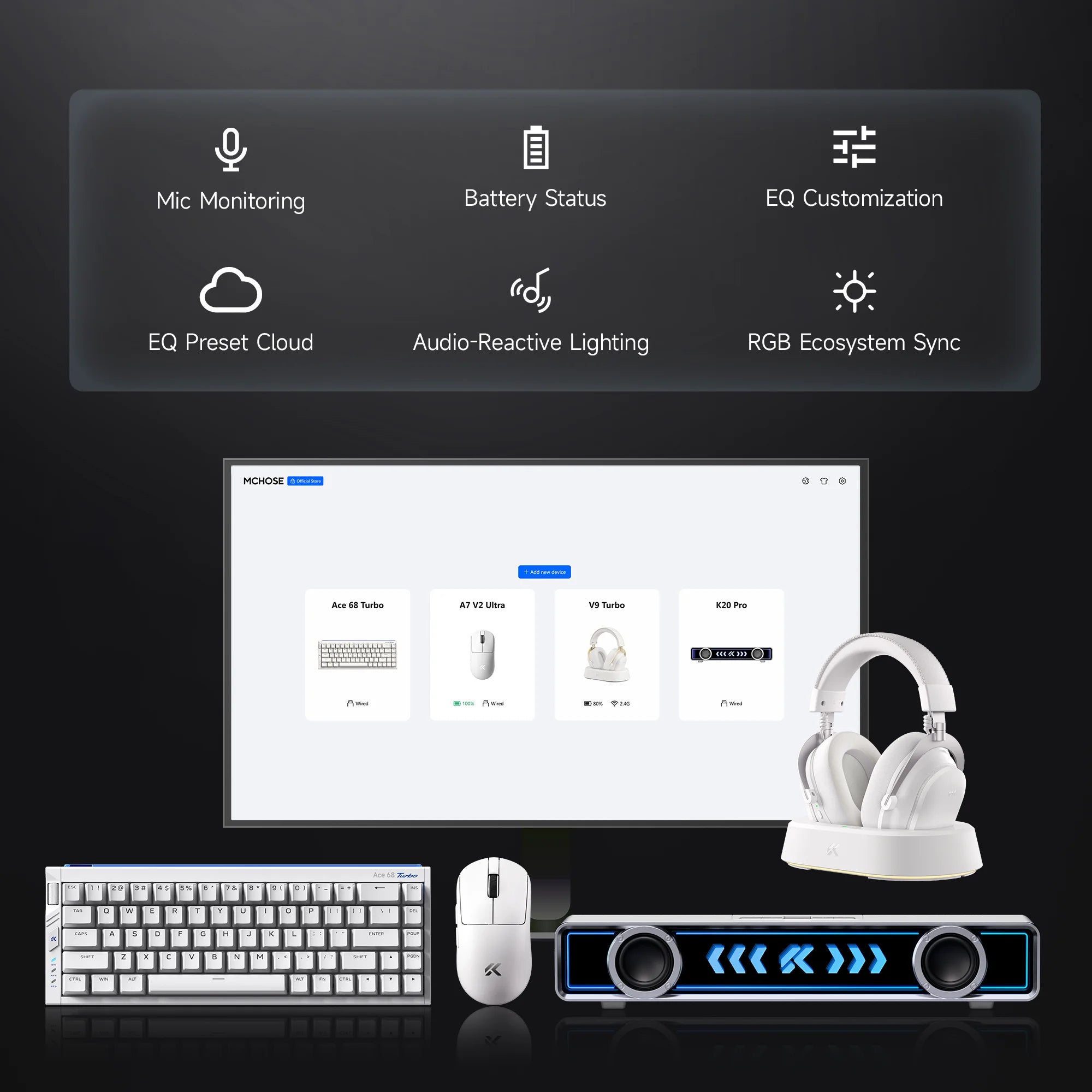 MCHOSE V9 Turbo+ Magnetic Wireless Gaming Headset 7.1 Surround Sound 90° Swivel Ear Cups Low Latency RGB Magnetic Charging