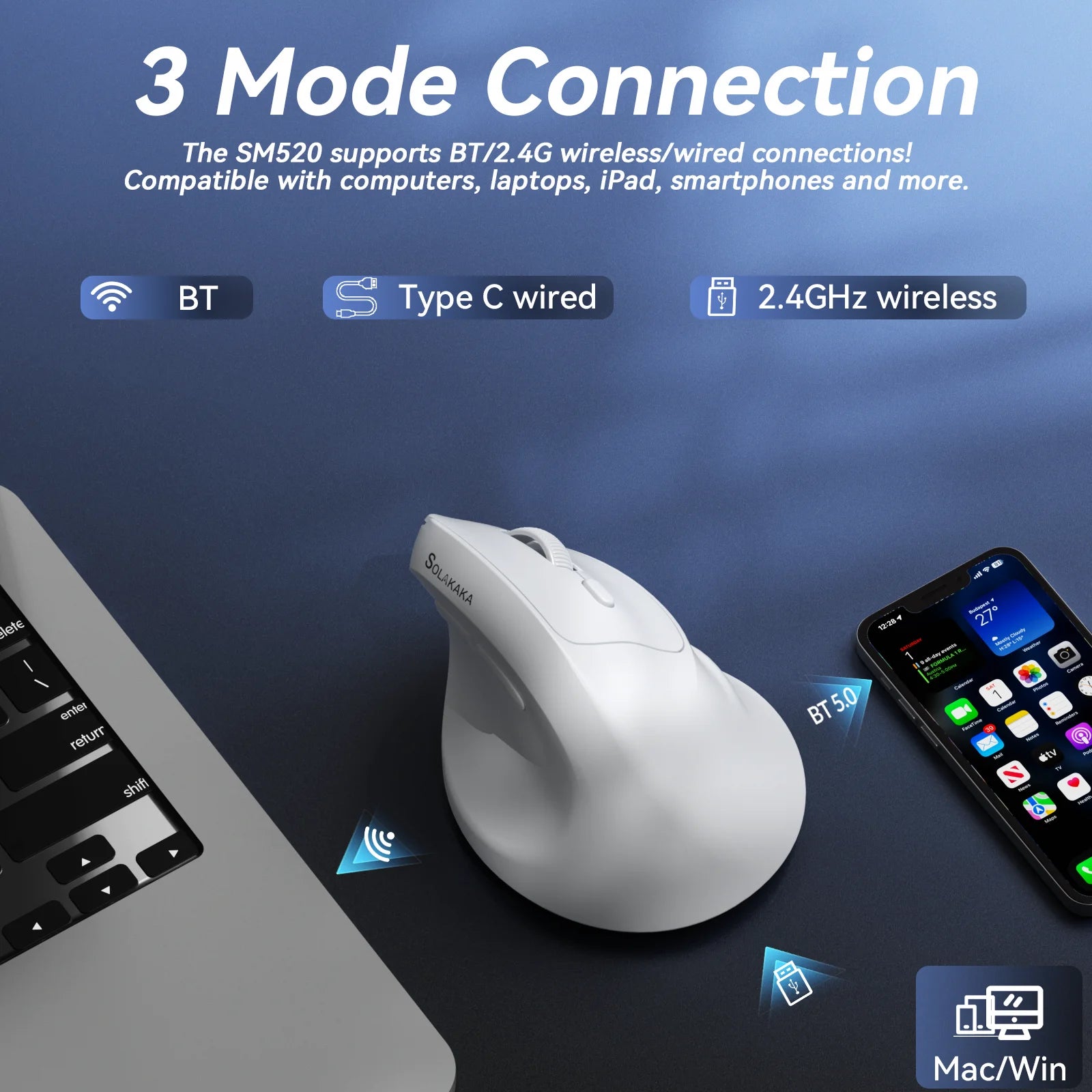 SM520 Vertical Mouse Wireless Bluetooth 5.0 2.4G Ergonomic 12800 DPI 6 Buttons for Mac Tablet Laptops Computer PC Mice